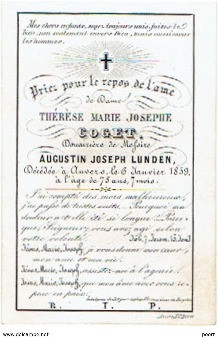 ANTWERPEN - Thérèse Marie COGET - Echtgen. A.J. LUNDEN - Overleden 1859 - (Franstalig) - Andachtsbilder