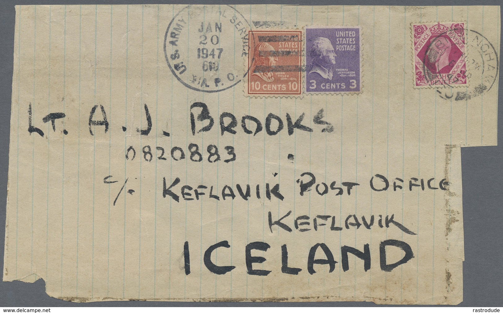 1947, Parcel Front GB To Iceland. Combination U.S + GB 8d Cancelled By Cds " BIRMINGHAM 6 JA 47 " To KEFLAVIK, Iceland - Brieven En Documenten