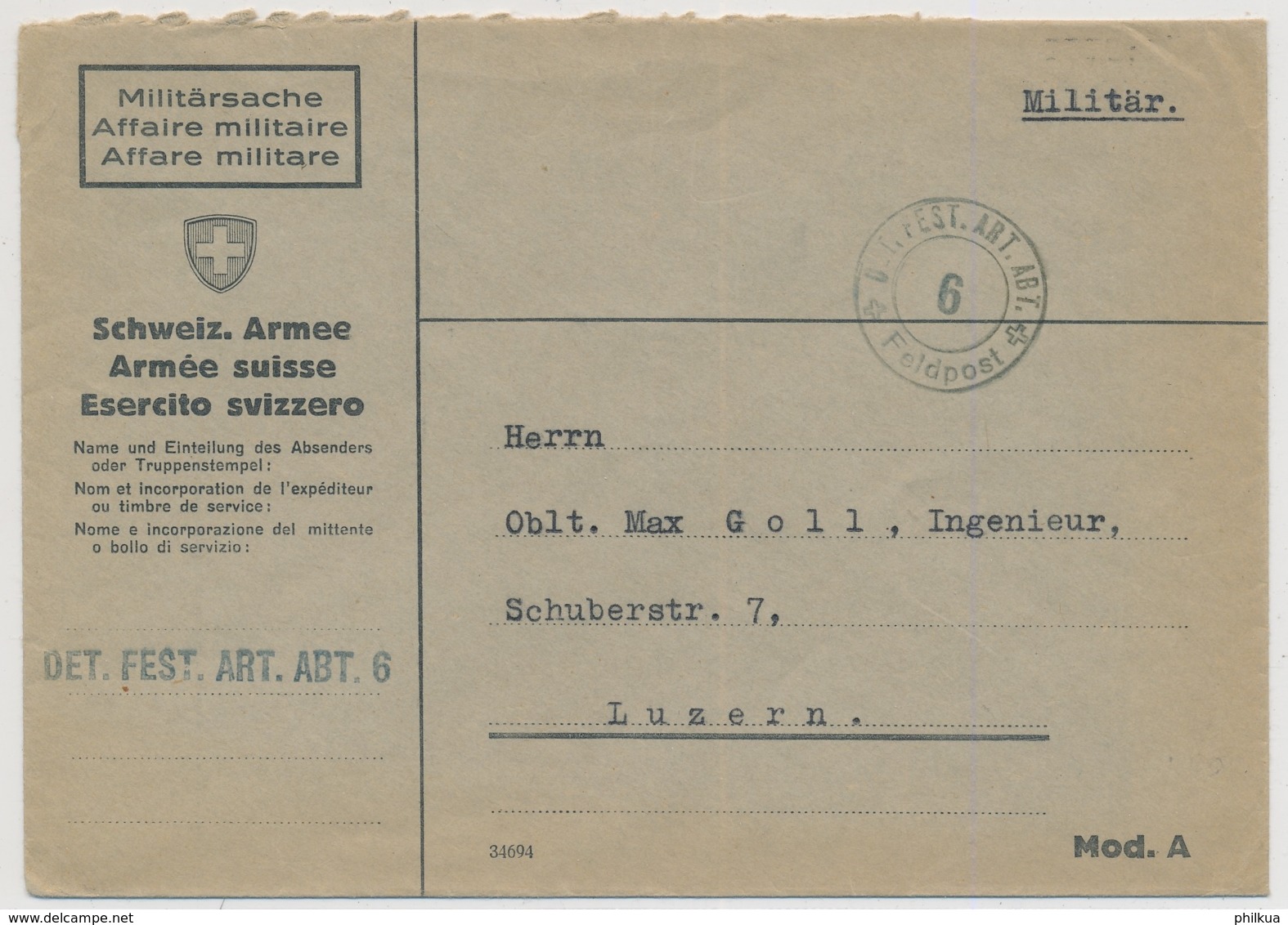 Feldpostbrief Mit Truppenstempel DET. FEST. ART. ABT. 6 - FELDPOST - Oblitérations