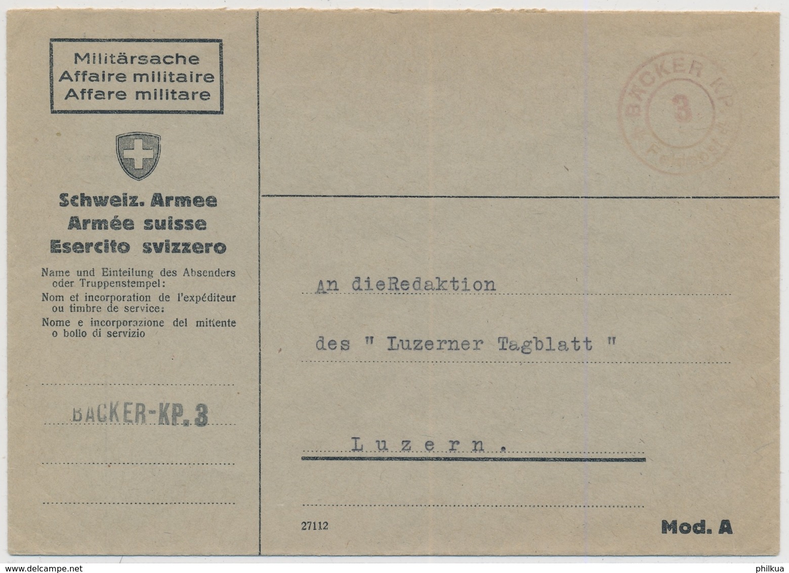 Feldpostbrief Mit Truppenstempel BÄCKER KP. 3 - FELDPOST - Sellados