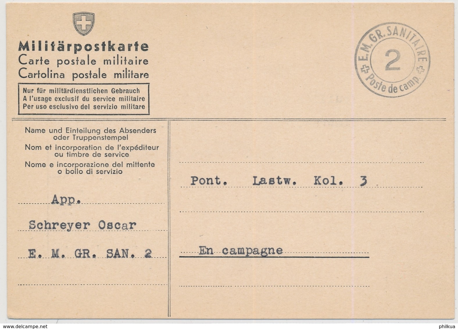 Feldpostkarte Mit Truppenstempel  E.M. GR. SANITAIRE 2 - POSTE DE CAMPAGNE - Oblitérations