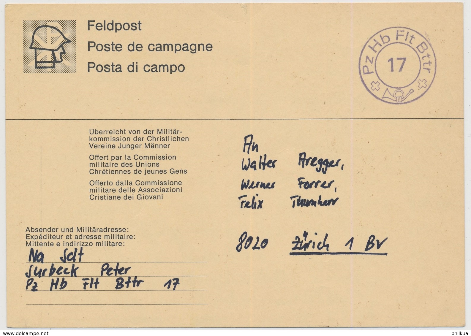 Feldpostkarte Mit Truppenstempel  PZ HB FLT BTTR - FELDPOST - Oblitérations