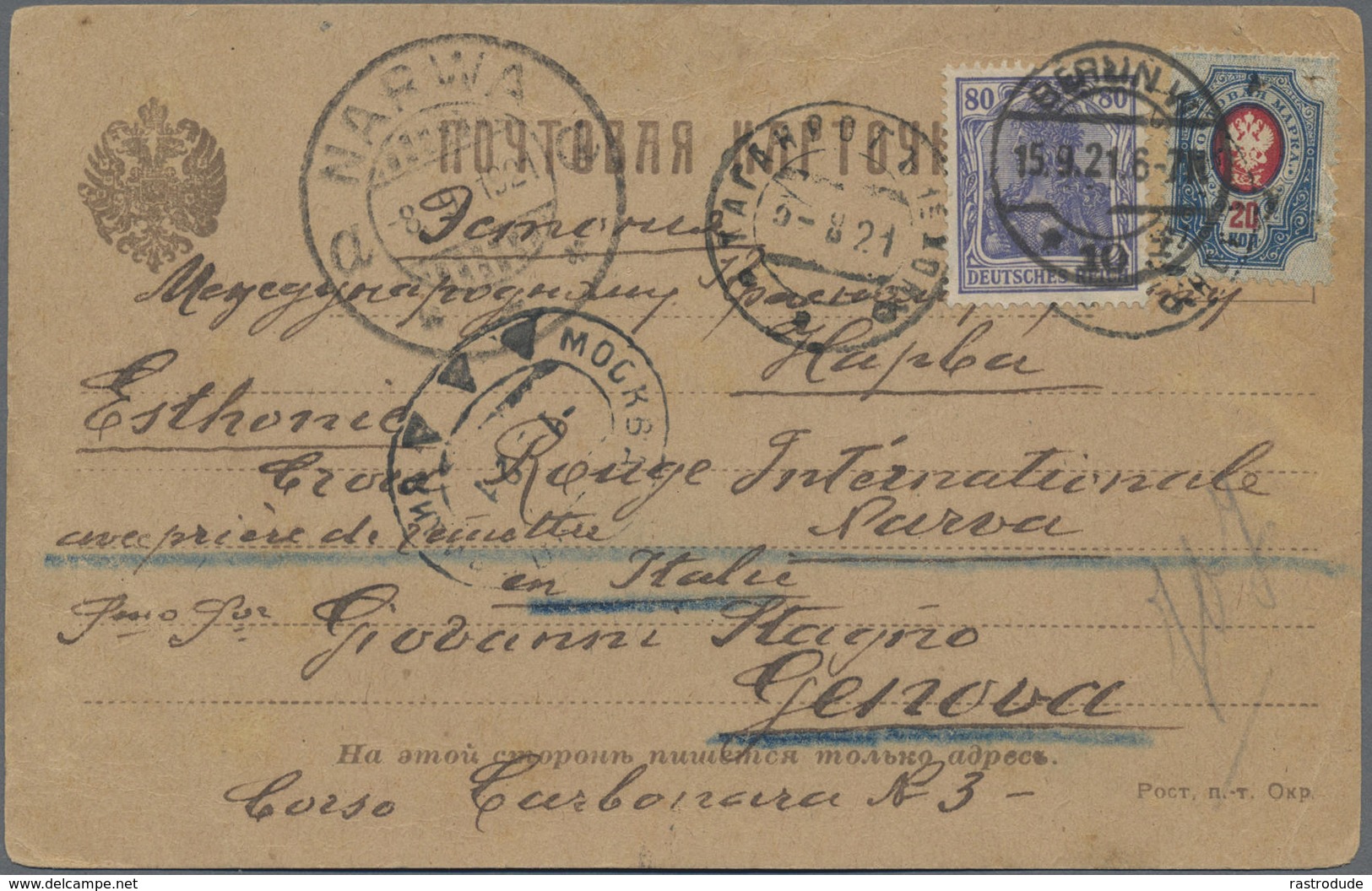 1921 Russia Postcard With 20K Franking From TANGAROG Over NARWA, ESTONIA Through BERLIN TO ITALY - VERY RARE! - Estonia