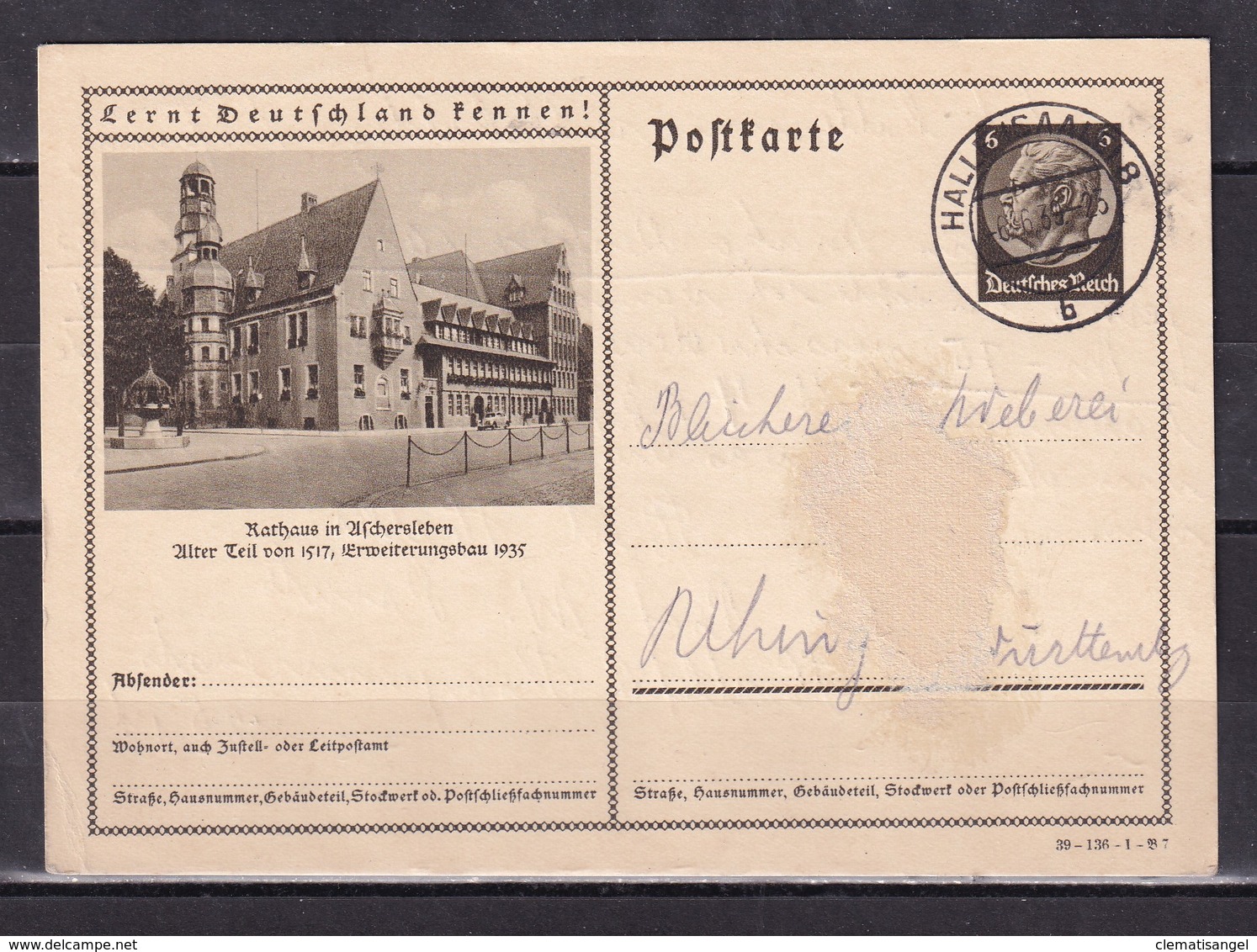 445O * ASCHERSLEBEN * RATHAUS * AUF GANZSACHE * 1939 **! - Aschersleben