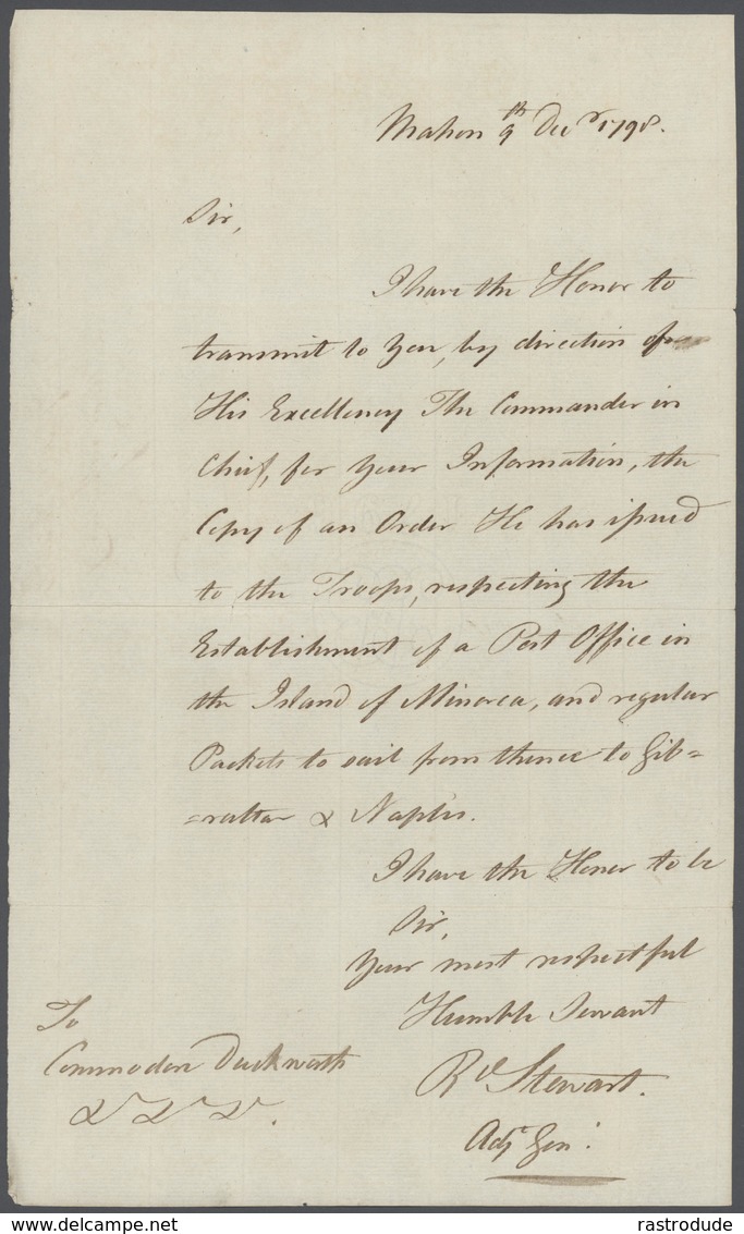 1798 MENORCA MINORCA MINORQUE BRIT. OCCUPATION - 2 Letter Contents OPENING OF A POST OFFICE IN MENORCA - VERY RARE - ...-1840 Precursori