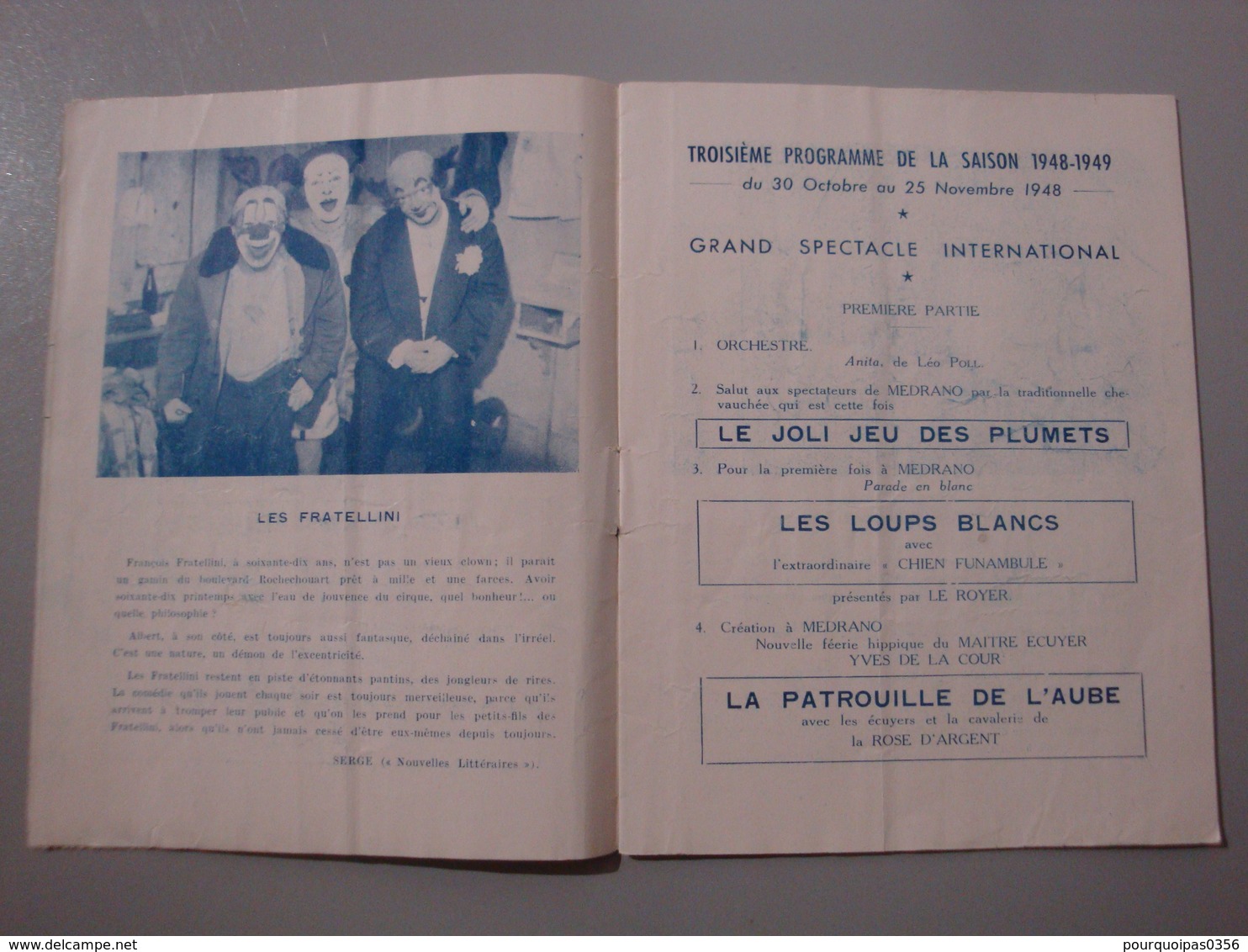 PROGRAMME CIRQUE DE PARIS MEDRANO 1948/1949 CLOWNS FRATELLINI - Programmes