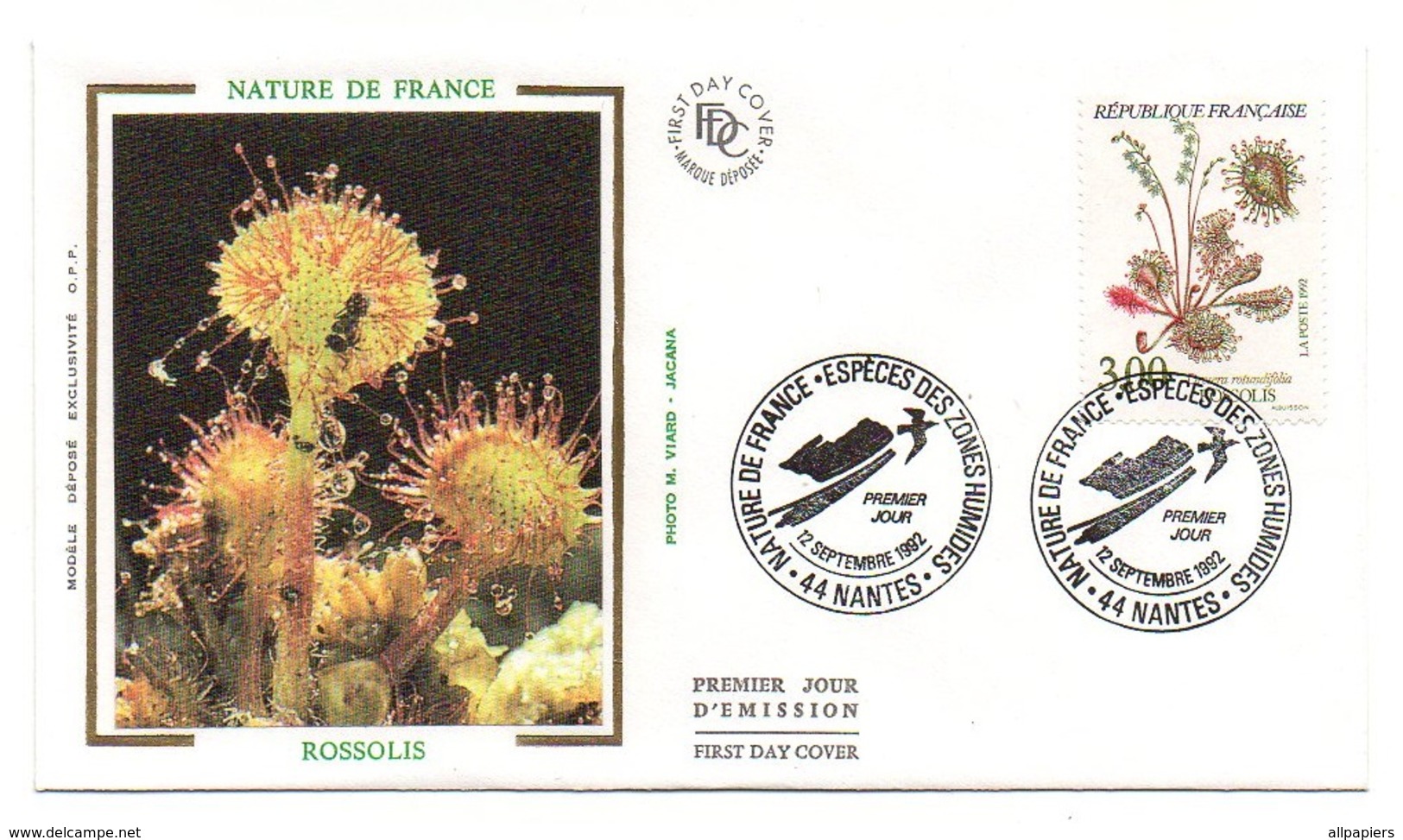 Enveloppe Premier Jour D'émission Nature De France Rossolis Nantes 1992 - Timbre De 3.00 Francs - Otros & Sin Clasificación