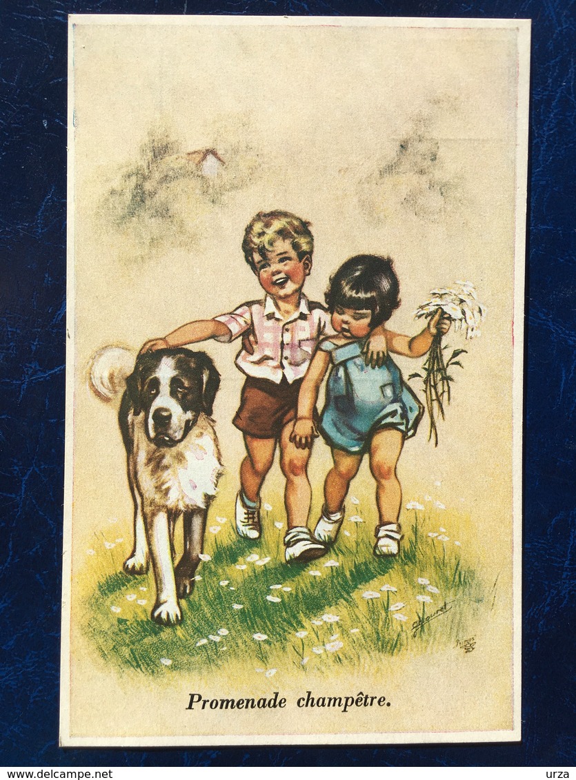 "Fillette,garçon Et Leur Saint-Bernard En Promenade Champêtre "-Germaine Bouret--(2307) - Bouret, Germaine