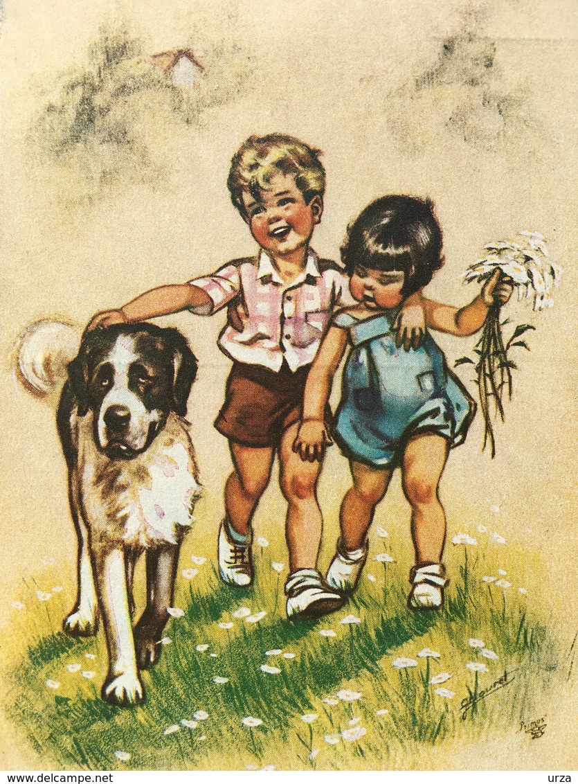 "Fillette,garçon Et Leur Saint-Bernard En Promenade Champêtre "-Germaine Bouret--(2307) - Bouret, Germaine