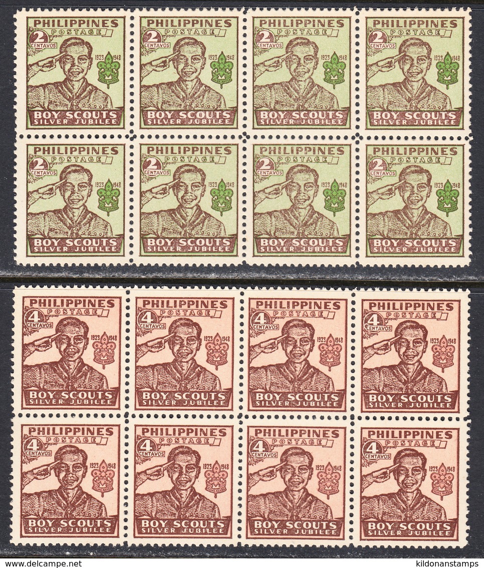 Philippines 1948 Scout Jubilee, Mint No Hinge, Block Of 8, Sc# 528-529A,SG ,Mi 490-491 - Filipinas