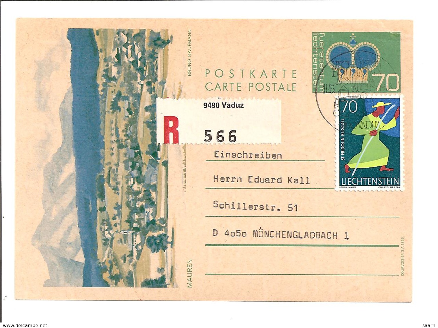 Liechtenstein P 81  -  70 Rp Krone Mit 70 Rp ZF Per Einschreiben N. Mönchengladbach M. Gruß Verwendet - Stamped Stationery