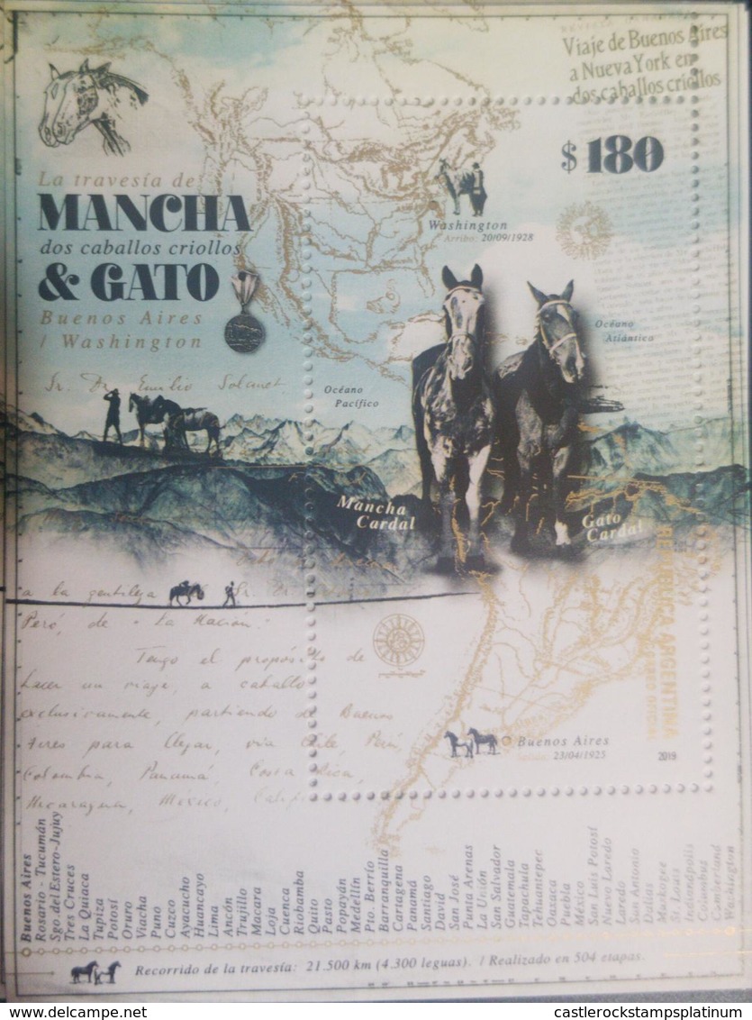 RO) 2019 ARGENTINA, CROSSING OF AIME SCHIFFELY AND HIS CREOLE HORSES MANCHA AND CAT  1925 - 1928, MAP, MNH - Nuevos