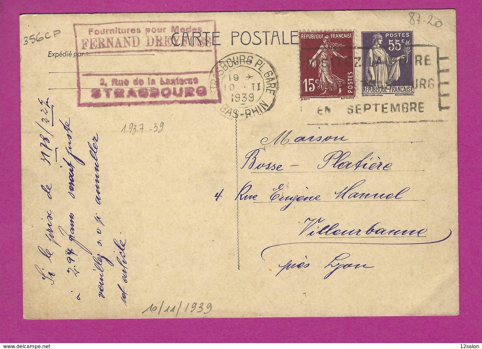 ENTIERS POSTAUX CARTE POSTALE TYPE PAIX Avec COMPLEMENT SEMEUSE Obl STRASBOURG - Cartes Postales Types Et TSC (avant 1995)