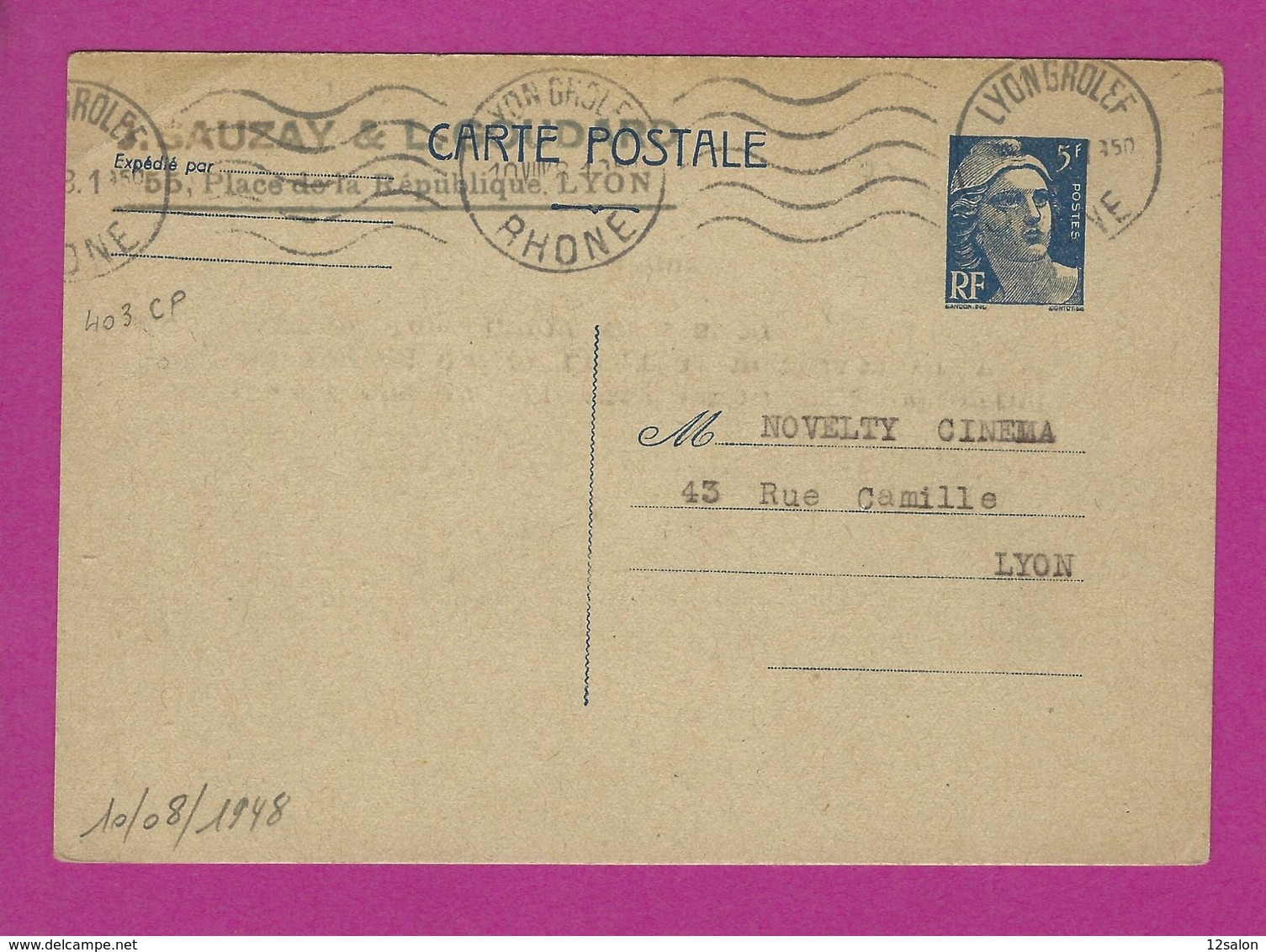 ENTIERS POSTAUX CARTE POSTALE  TYPE GANDON Obl LYON GROLES - Cartoline Postali E Su Commissione Privata TSC (ante 1995)