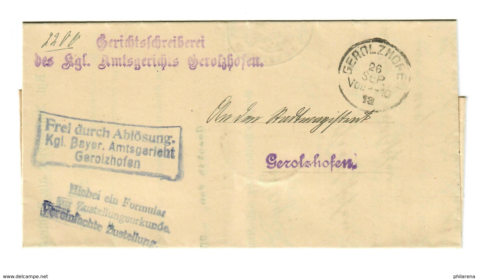 Brief 1918 Gerolzhofen, Frei Durch Ablösung, Kgl. Bayr. Amtsgericht - Other & Unclassified