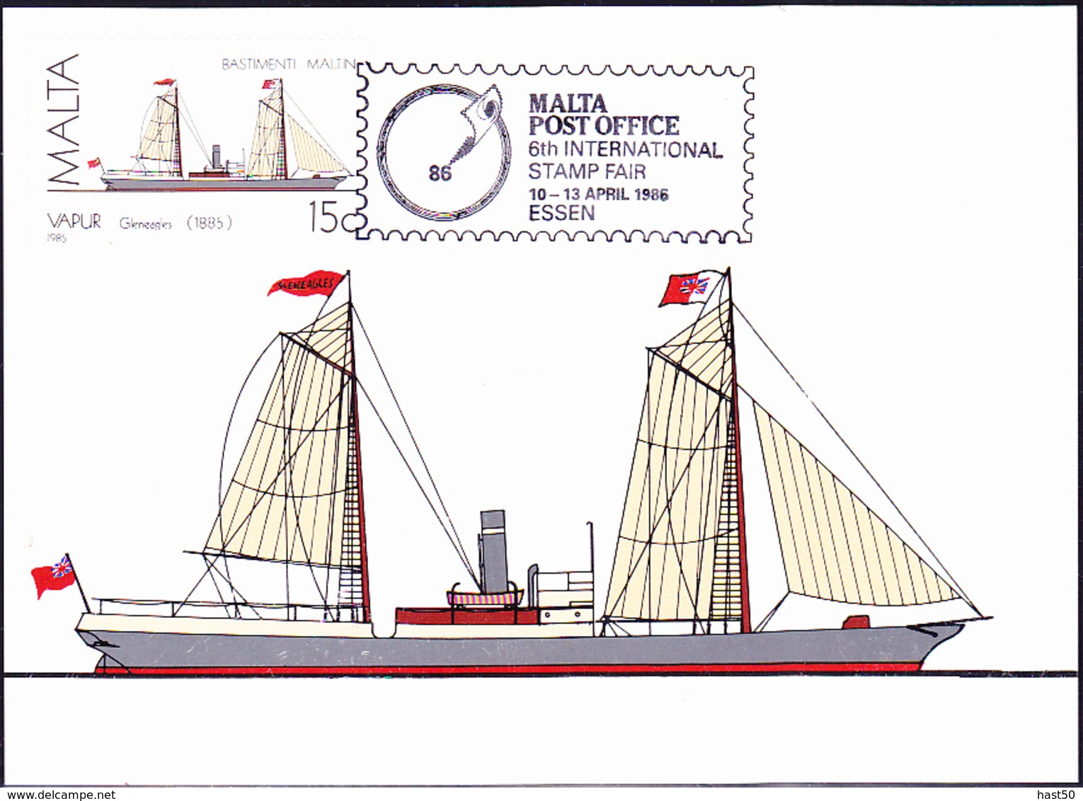 Malta - Dampfschiff „Gleneagles“ (Mi.Nr. 741) 1985 - MC 6 Zur 6. Intern. Briefmarkenmesse Essen 1986 - Malta