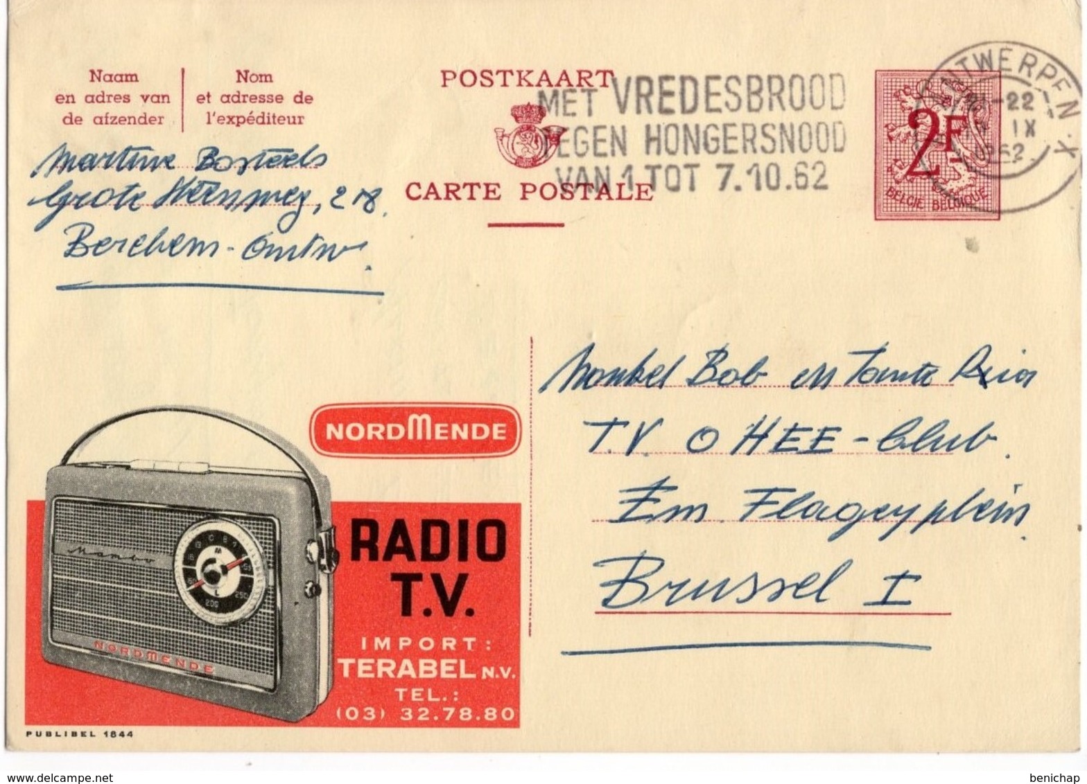 Publibel  1844 - RADIO TV NORDMENDE - BERCHEM - ANTWERPEN - 19 SEPTEMBRE 1962. - Publibels