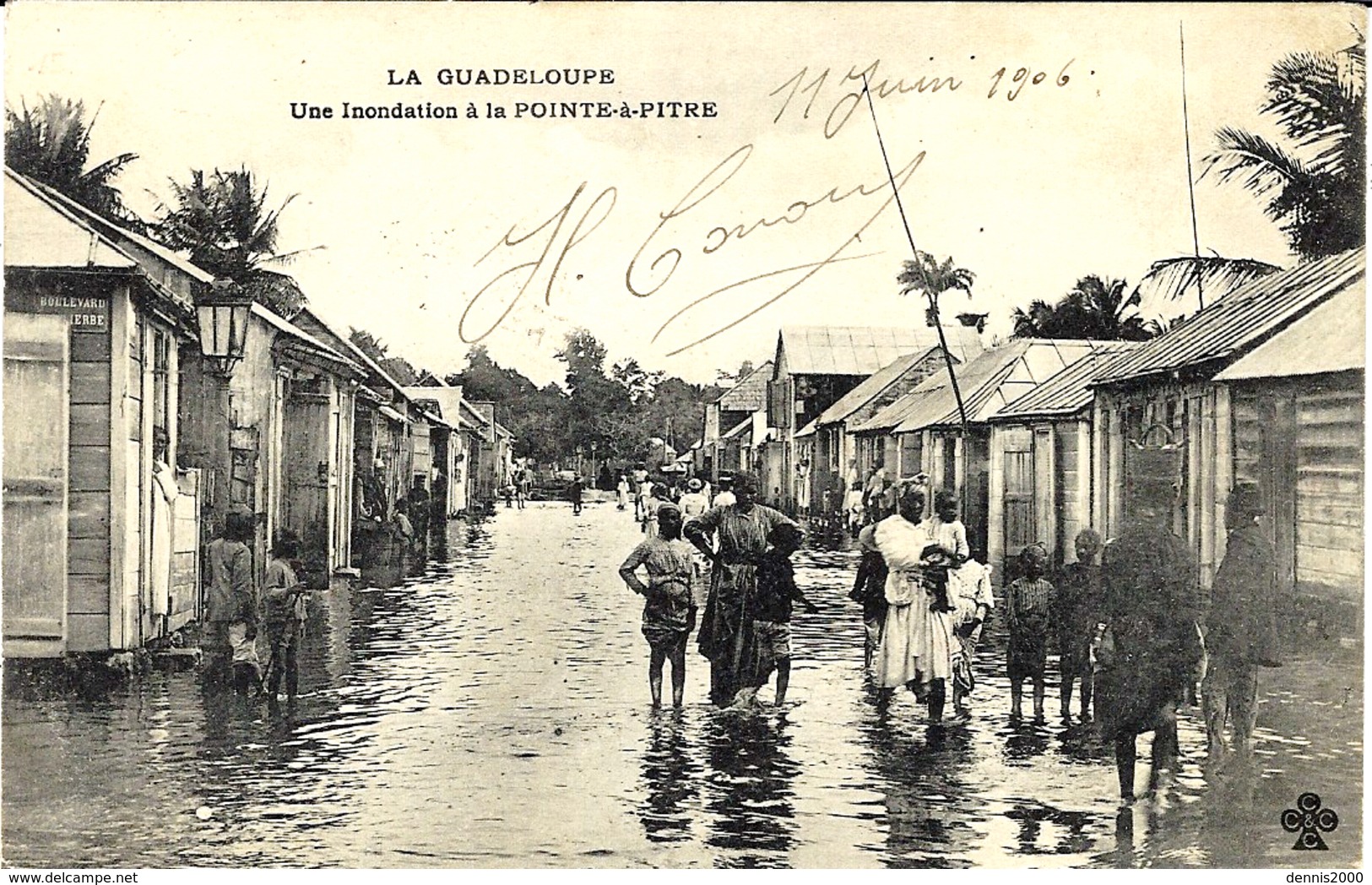 1906- C P A " Une Inondation à Pointe à Pitre " Au Dos, Affr. 5 C Oblit. Cad Mar. Octog. COLON A St NAZAIRE L.A. N° 1 - Briefe U. Dokumente