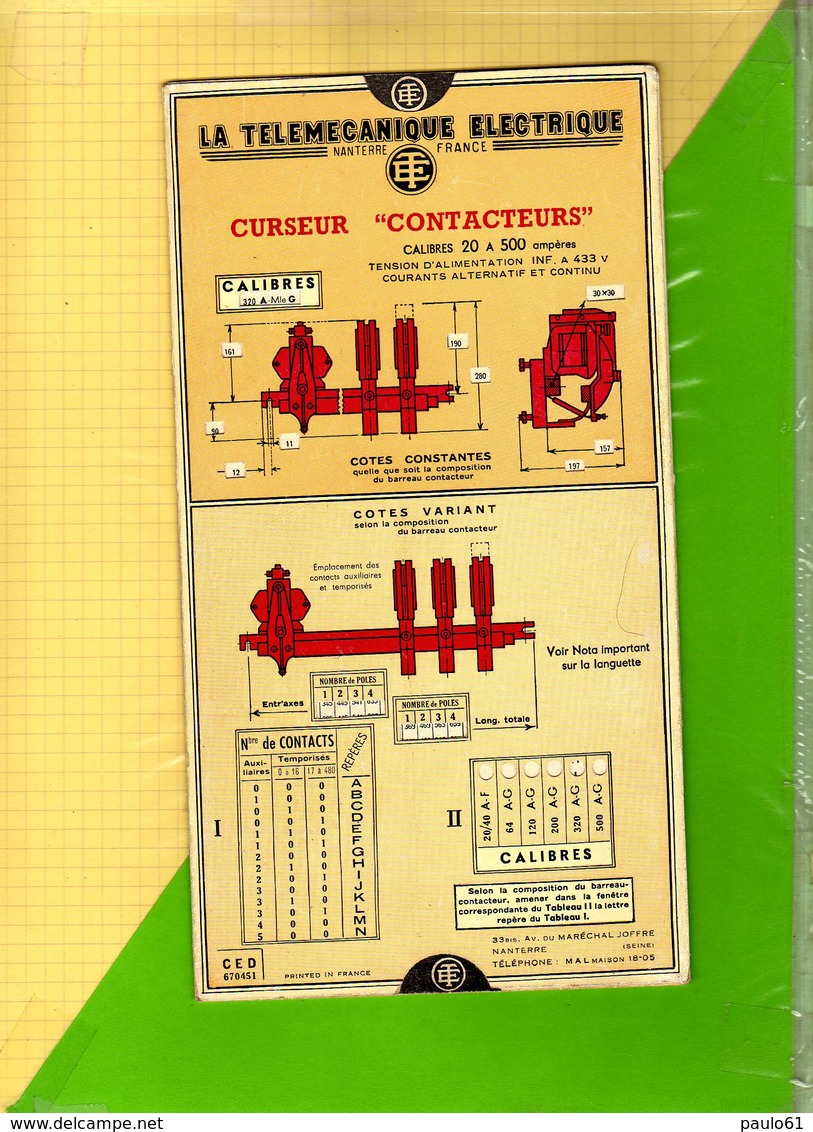 Carte De Mesure / LA TELEMECANIQUE ELECTRIQUE Curseurs    Calcul Des Mesures Electriques Moteurs Puissances Electriques - Altri Apparecchi