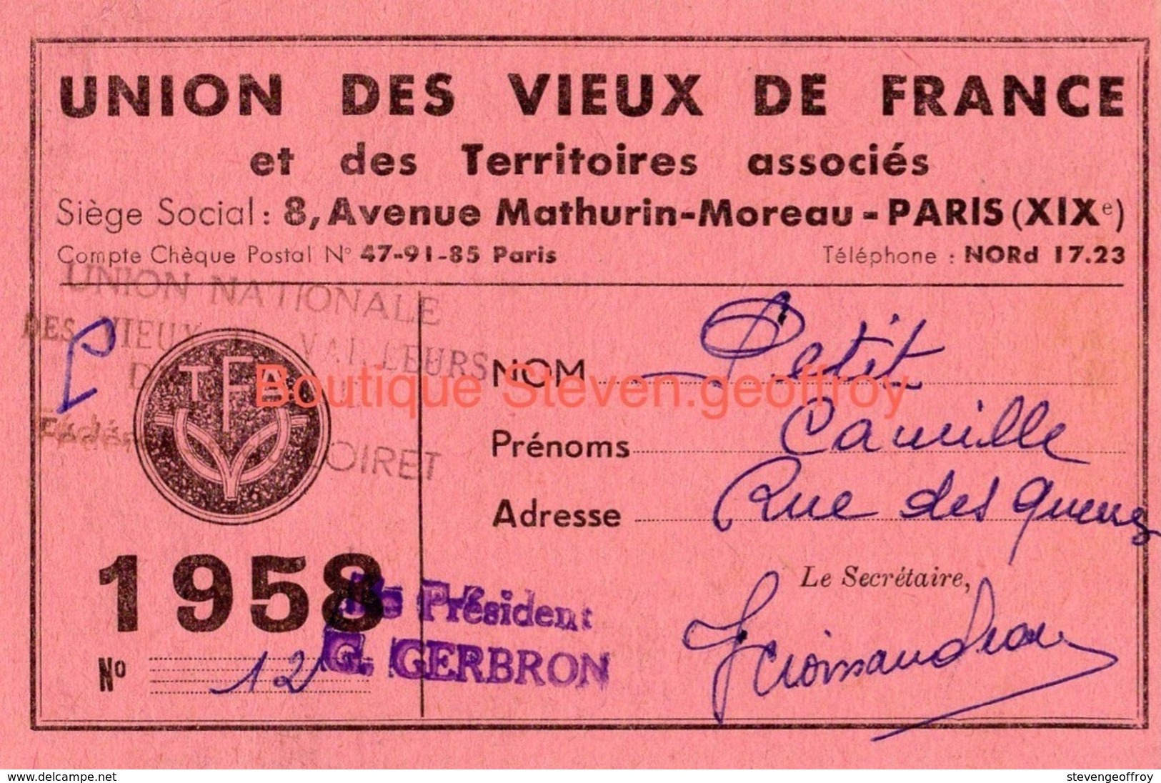 Carte Union National Des Vieux Travailleurs De France Petit Camille Beaugency 1958 Loiret - Documents Historiques