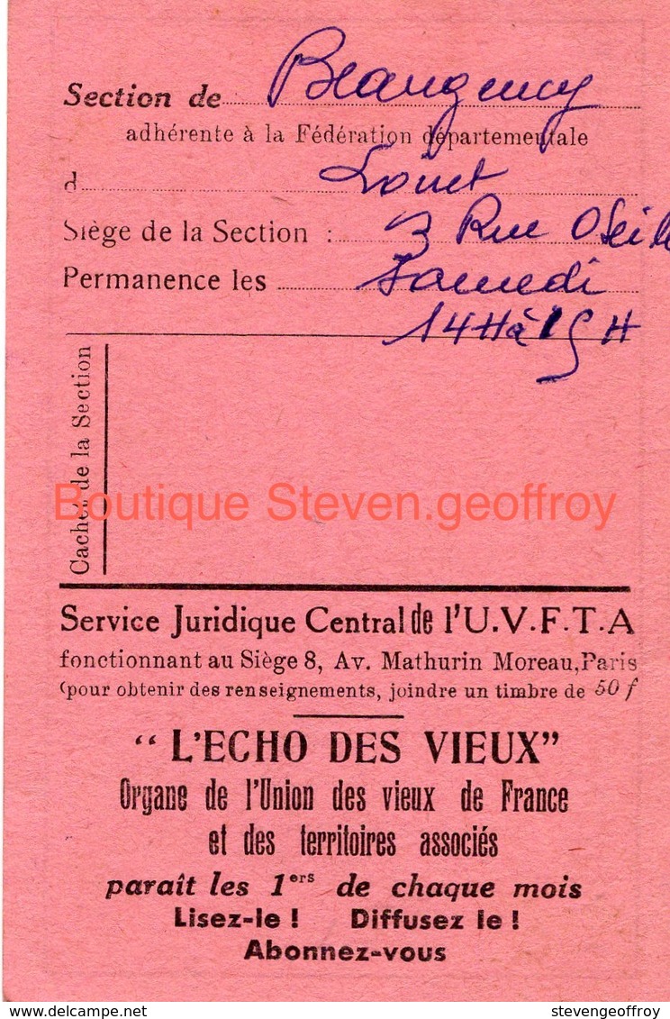 Carte Union National Des Vieux Travailleurs De France Petit Camille Beaugency 1958 Loiret - Documents Historiques