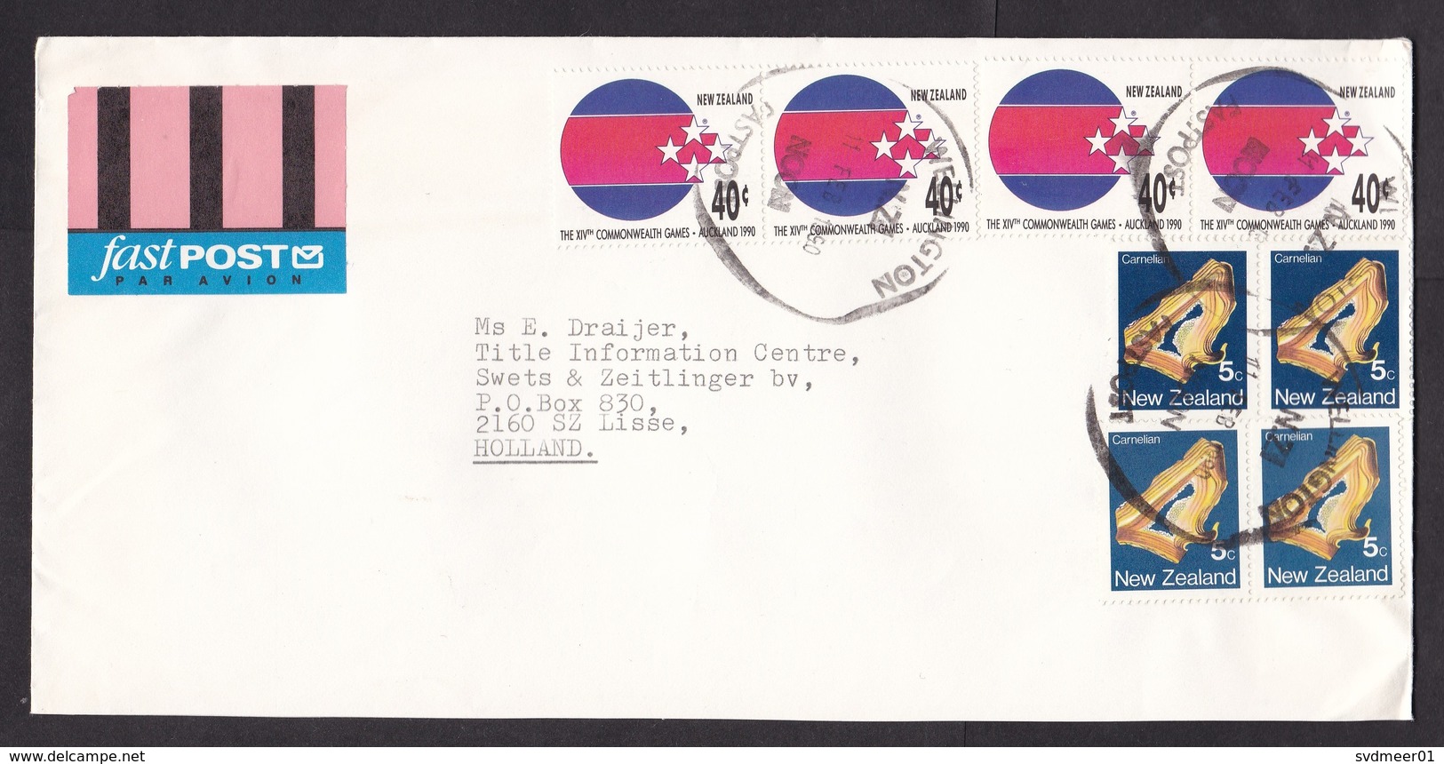 New Zealand: Airmail Cover To Netherlands, 1990, 8 Stamps, Games, Large Cancel, Fastpost Air Label (traces Of Use) - Cartas & Documentos