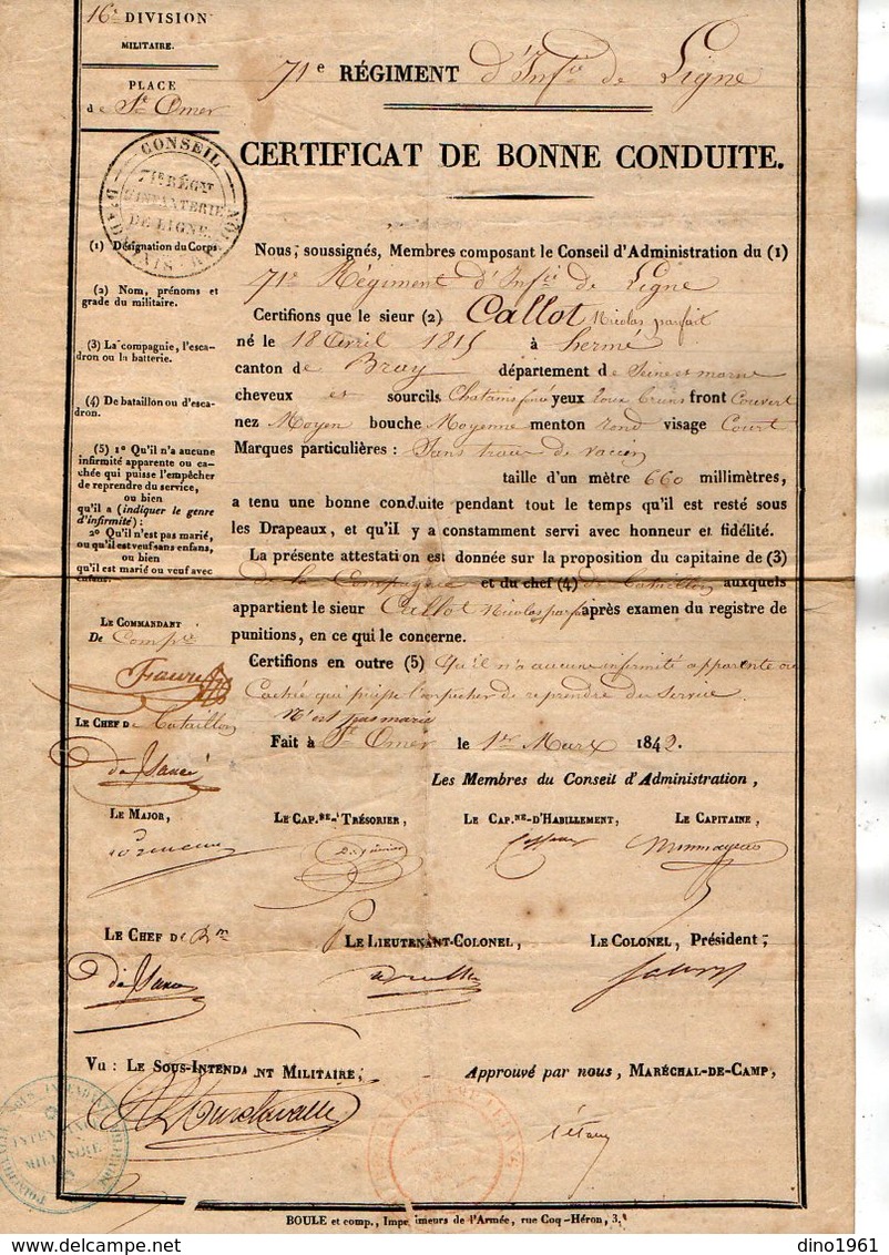 VP17.041 MILITARIA - SAINT OMER 1842 - Certificat De Bonne Conduite - Soldat CALLOT Au 71è Rgt D'Inf De Ligne Né à HERME - Documentos