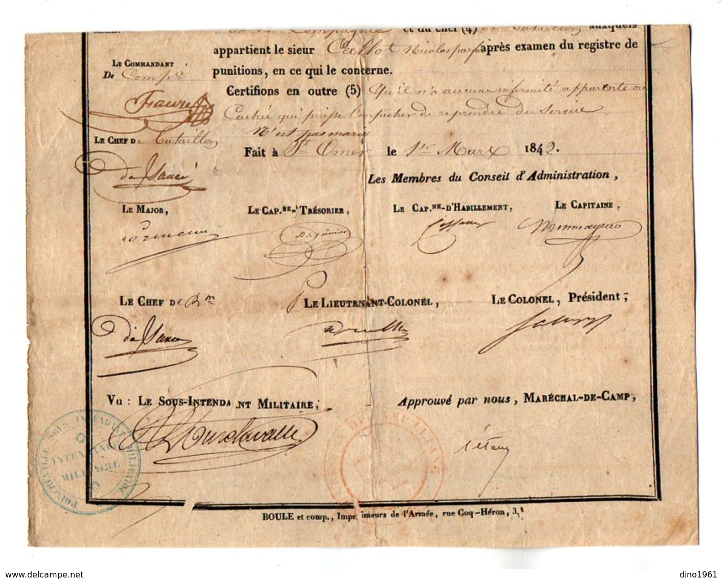 VP17.041 MILITARIA - SAINT OMER 1842 - Certificat De Bonne Conduite - Soldat CALLOT Au 71è Rgt D'Inf De Ligne Né à HERME - Documenten