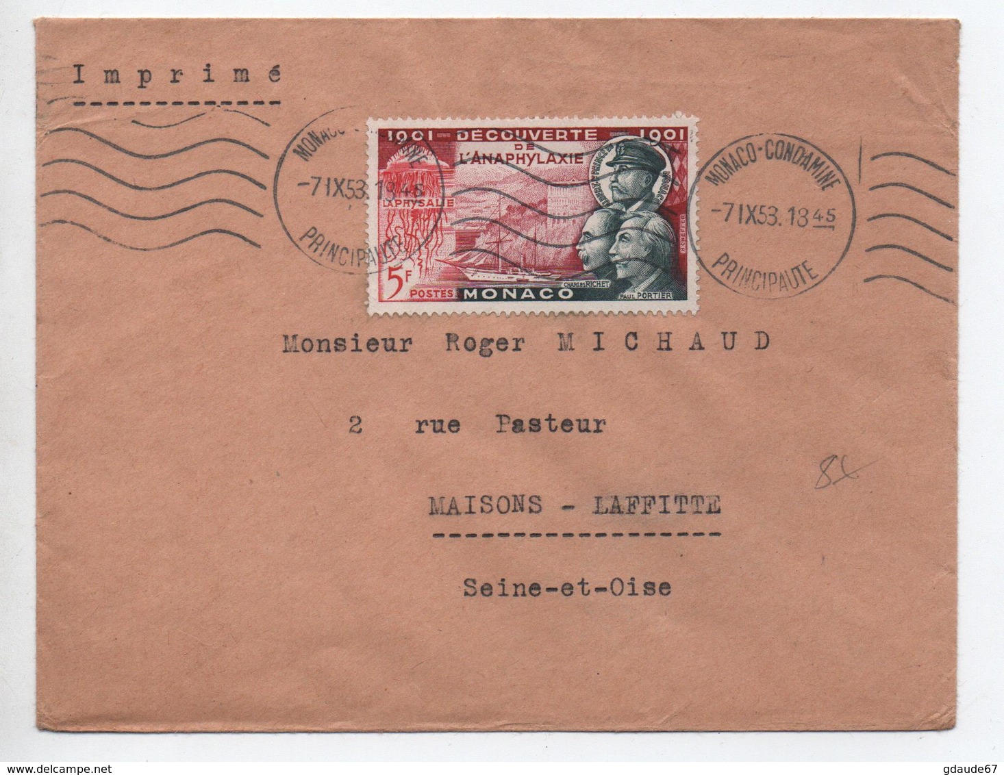 1953 - ENVELOPPE De MONACO CONDAMINE Avec SEUL - Poststempel