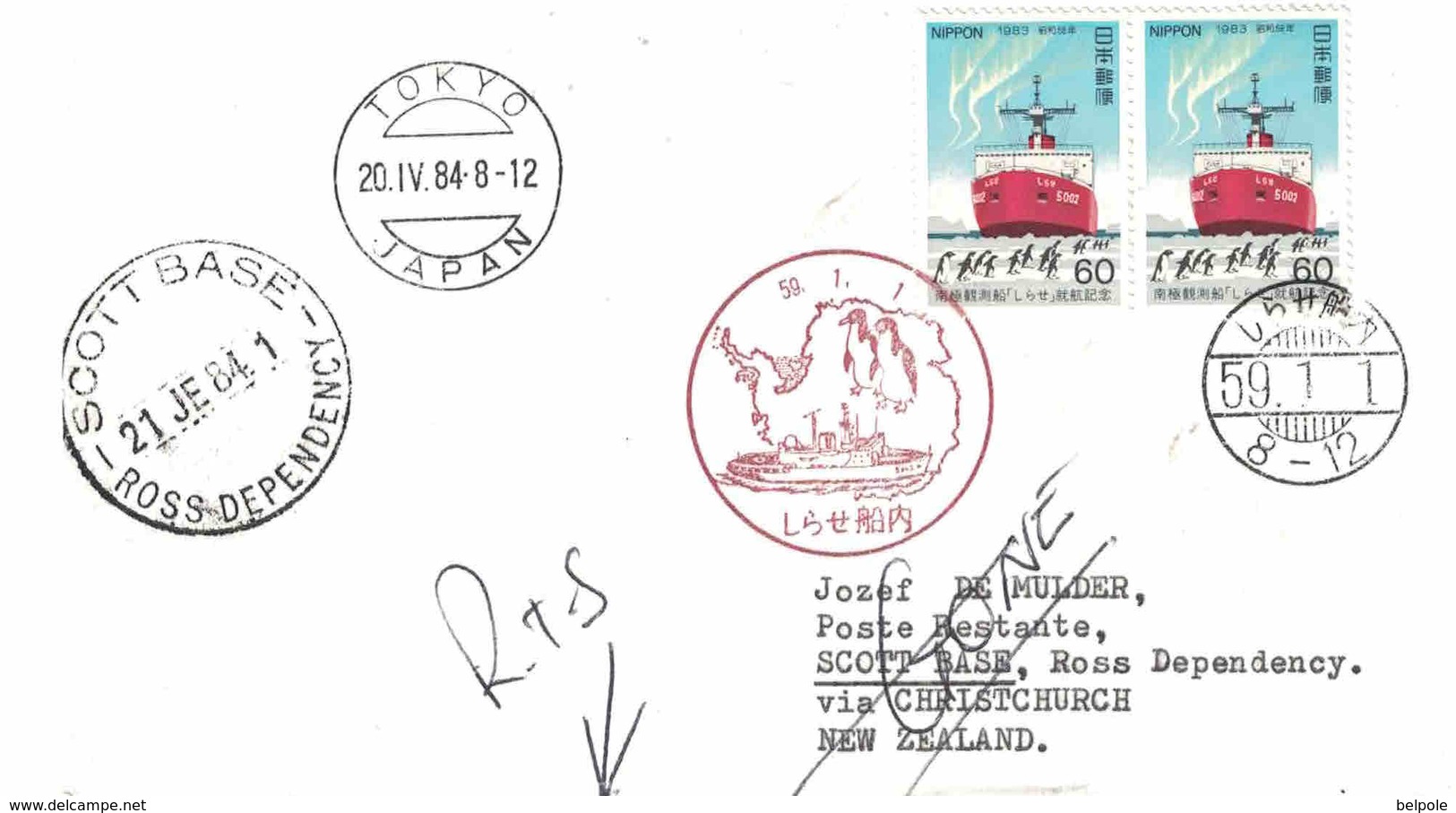 Antarctica Ross Dependency SCOTT BASE - Midwinter Airdrop 21 JE 1984 - Mailed From Japanese  Ship SHIRASE - Briefe U. Dokumente