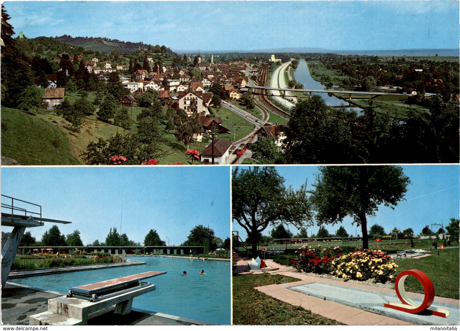 Rheineck SG Mit Dem Alten Rhein Und Blick Zum Bodensee, Schwimmbad Und Minigolf-Anlage - 3 Bilder (33286) * 1. 5. 1974 - Rheineck