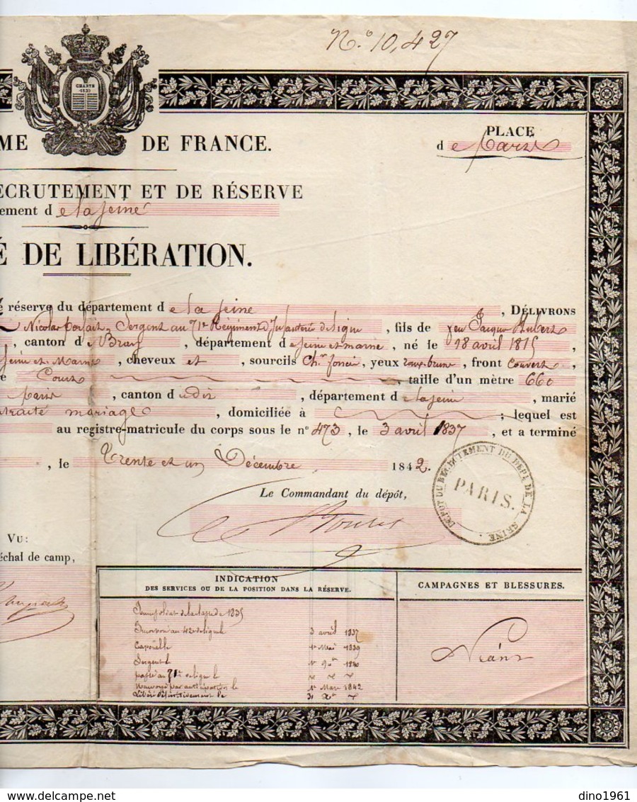 VP17.042 - MILITARIA - PARIS 1842 - Congé De Libération - Soldat CALLOT Au 71è Rgt D'Infanterie De Ligne Né à HERME - Documents