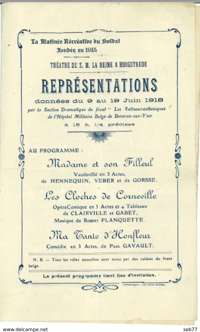 Théâtre Aux Armées : Programme Théâtre Hoogstaede Du 9 Au 19 Juin 1918 WW1 - Programs