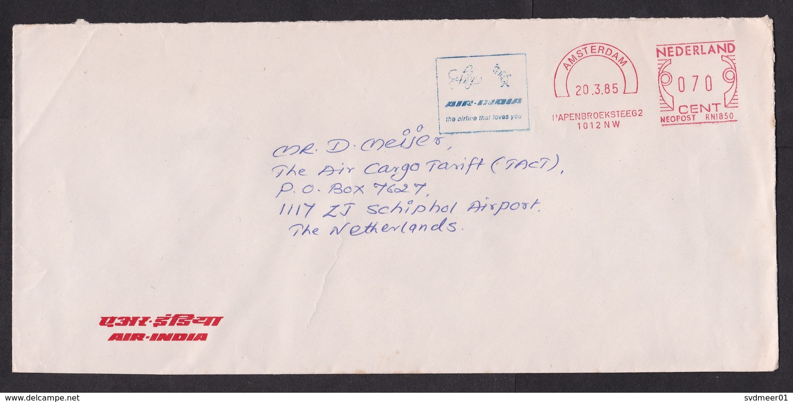 Netherlands: Cover, 1985, Blue & Red Meter Cancel, Air India, Airlines, Aviation, Slogan (traces Of Use) - Storia Postale