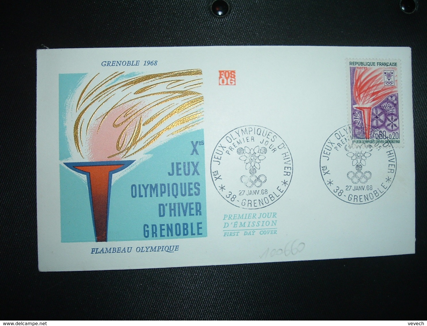 LETTRE TP FLAMBEAU OLYMPIQUE 0,60+0,20 OBL.27 JANV 68 38 GRENOBLE PREMIER JOUR Xes JEUX OLYMPIQUES D'HIVER - Winter 1968: Grenoble