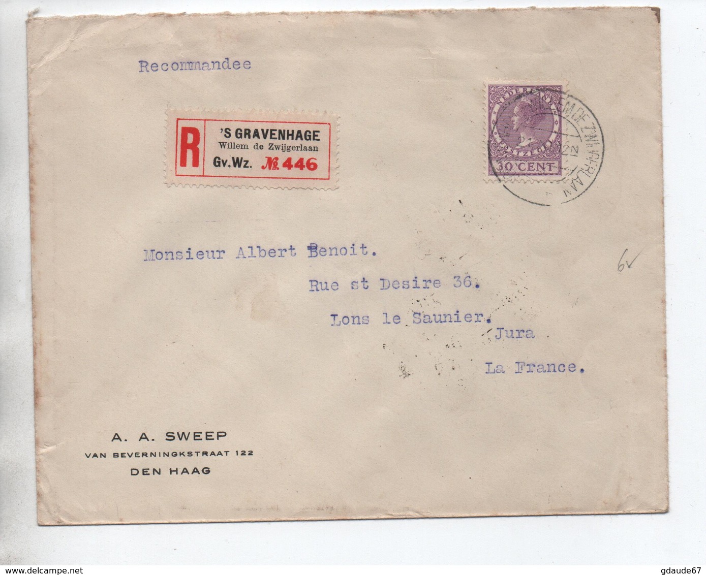 ENVELOPPE RECOMMANDEE De 'S GRAVENHAGE Pour LONS LE SAUNIER (JURA) - Poststempel