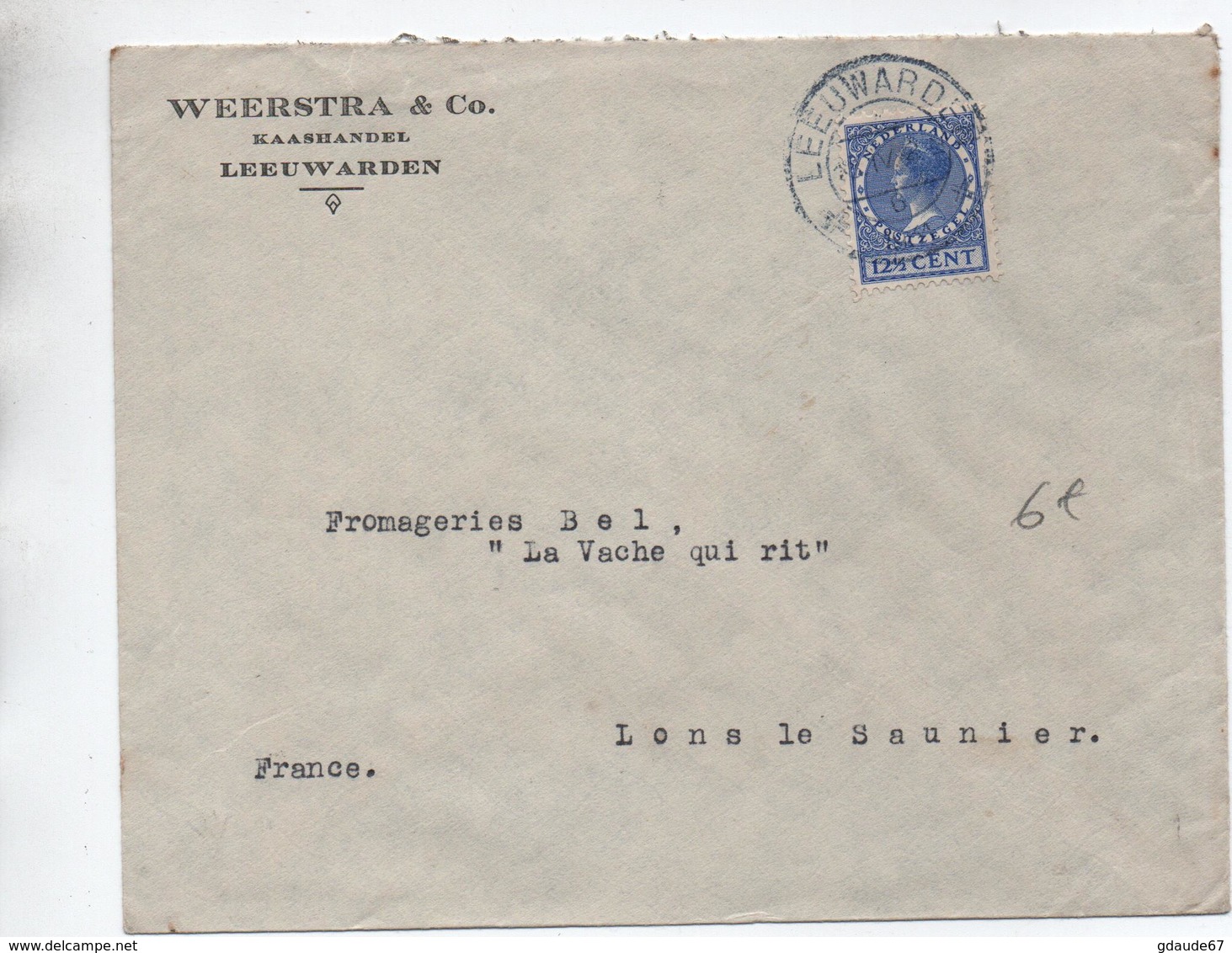 1931 - ENVELOPPE COMMERCIALE De LEEUWARDEN Pour LONS LE SAUNIER (JURA) Avec SEUL - Marcophilie