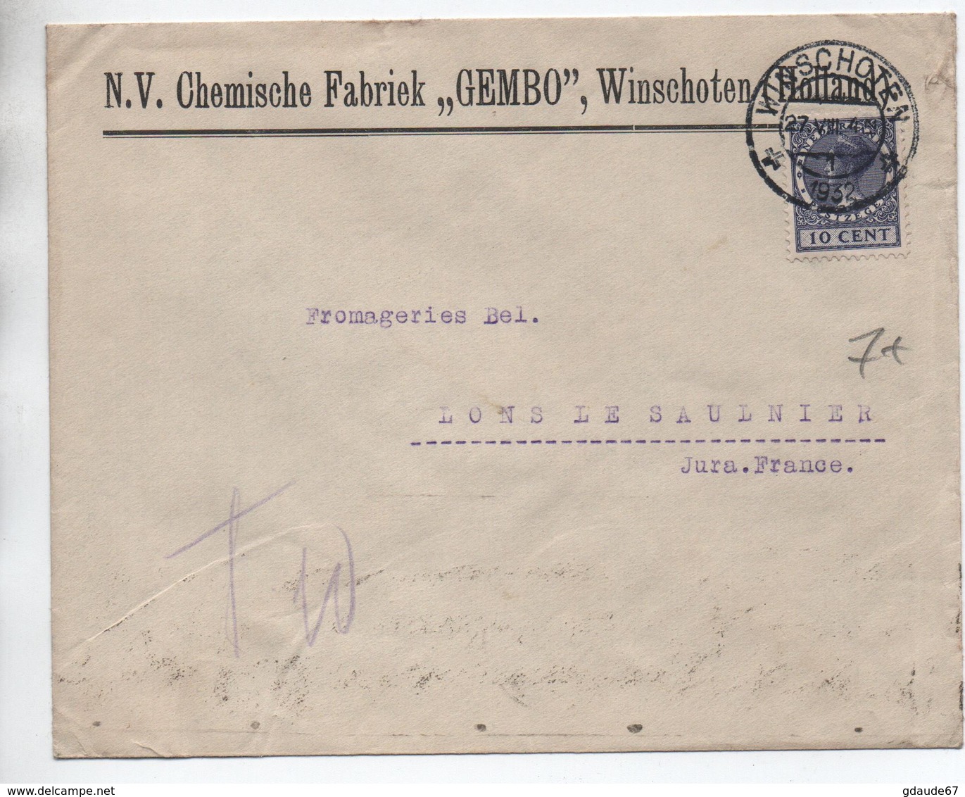 1932 - ENVELOPPE COMMERCIALE De WINSCHOTEN Pour LONS LE SAUNIER (JURA) Avec SEUL - Storia Postale