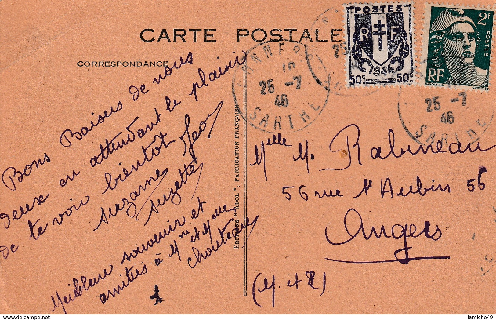 CONNERRE Rue De Paris ( Station Essence Pharmacie ) CPSM Format CPA Circulée 1946 Timbres - Connerre