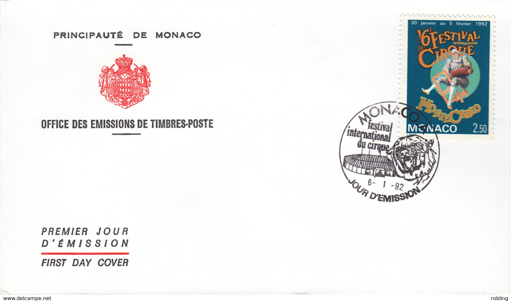 MONACO 1992, Circus Monte Carlo, Michel 2051 FDC 26815 - Cirque