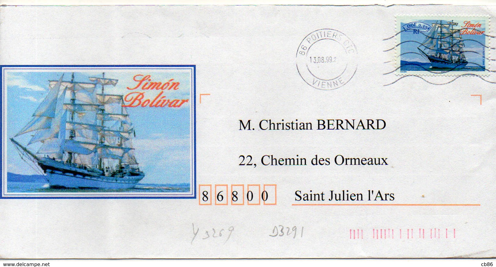 France N° 3269 Y. Et T. Vienne Poitiers CTC Flamme Muette Du 13/08/1999 - 1961-....