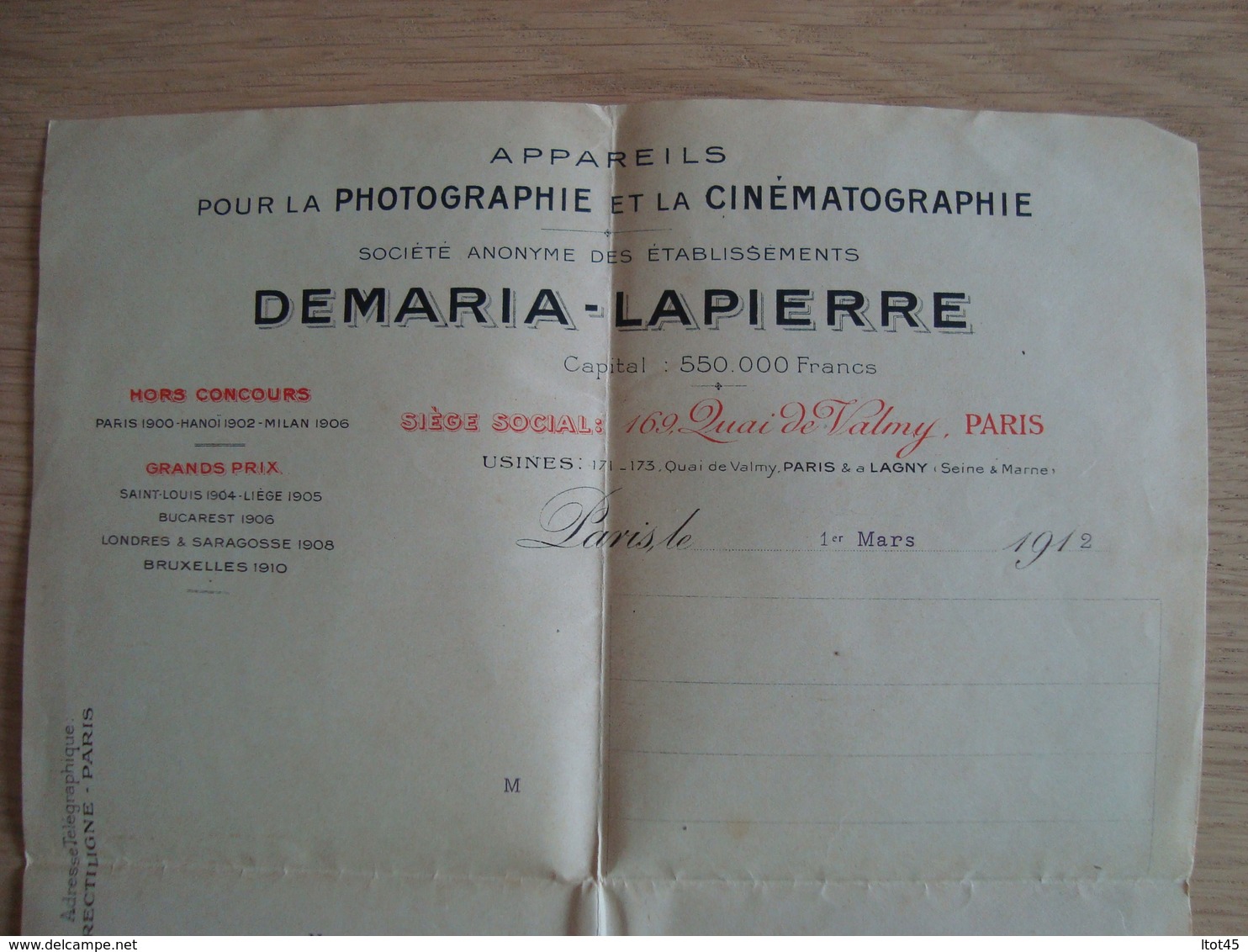 LETTRE DEMARIA-LAPIERRE APPAREILS PHOTOGRAPHIE ET CINEMATOGRAPHIE 1912 - 1900 – 1949