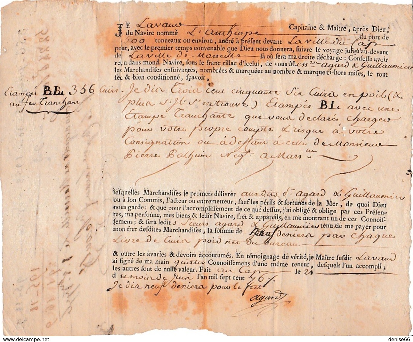 1776 LE CAP (St Domingue)-MARSEILLE - Navire "L'Aamhiope" - 356 Peaux De Cuirs Avec Poils Et Marquées Au Feu - Documents Historiques