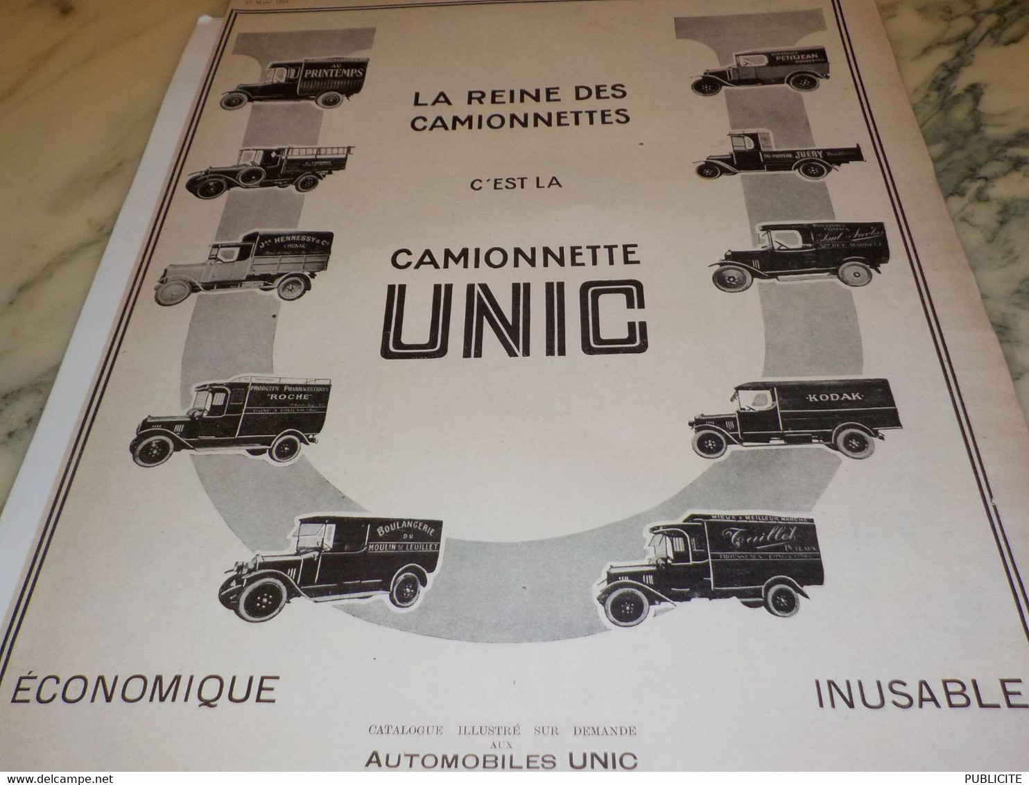 ANCIENNE PUBLICITE LA REINE DES  CAMIONNETTE UNIC   1924 - Camions