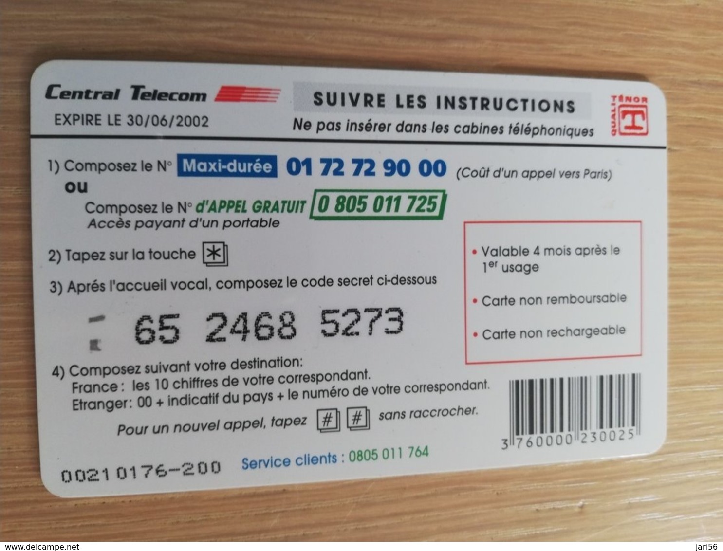 FRANCE/FRANKRIJK    CENTRAL TELECOM  50F   PREPAID  USED    ** 1489** - Nachladekarten (Handy/SIM)