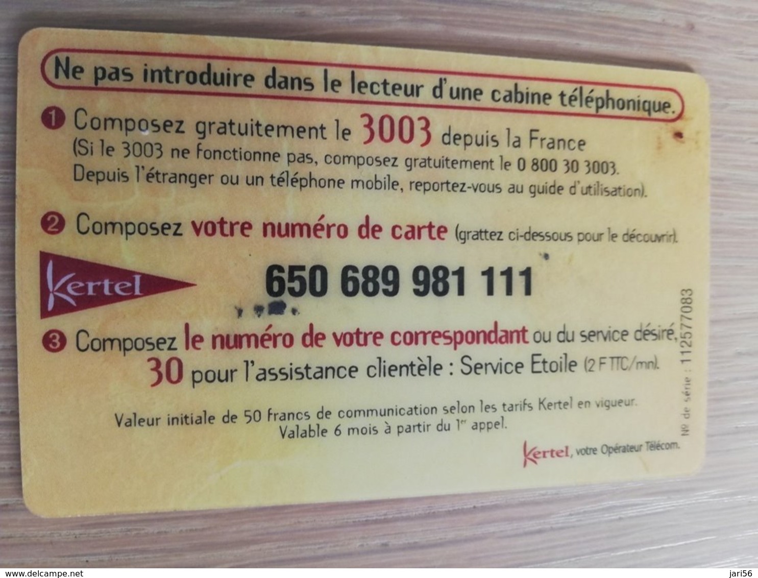 FRANCE/FRANKRIJK   KERTEL 50 F      PREPAID  USED    ** 1493** - Nachladekarten (Handy/SIM)