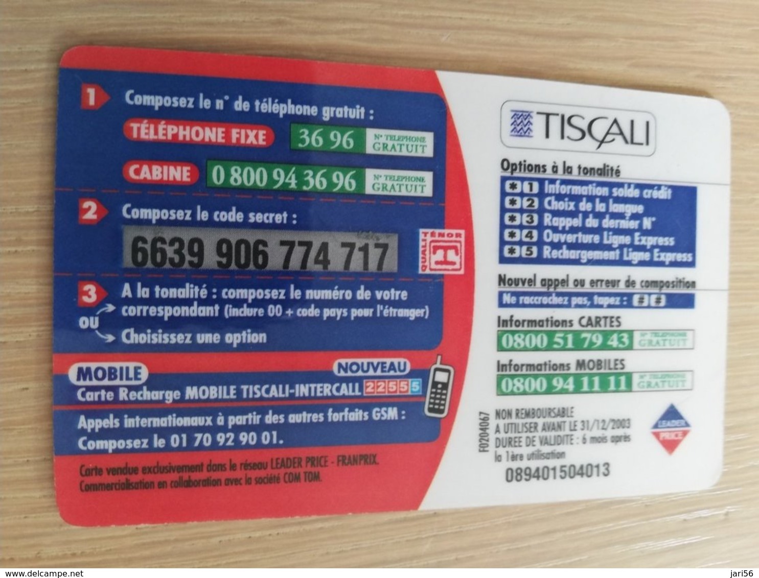FRANCE/FRANKRIJK   TISCALI  7,5€     PREPAID  USED    ** 1494** - Nachladekarten (Handy/SIM)