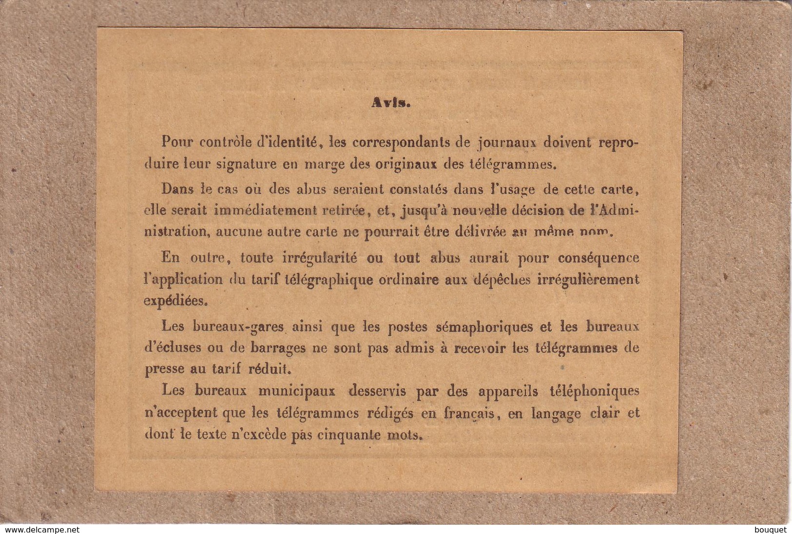 CORRESPONDANCE TELEGRAPHIQUE DE LA PRESSE POSTES ET TELEGRAPHES CARTE D' ADMISSION JOURNAL LE PROGRES DE L' ALLIER 1910 - Newspapers