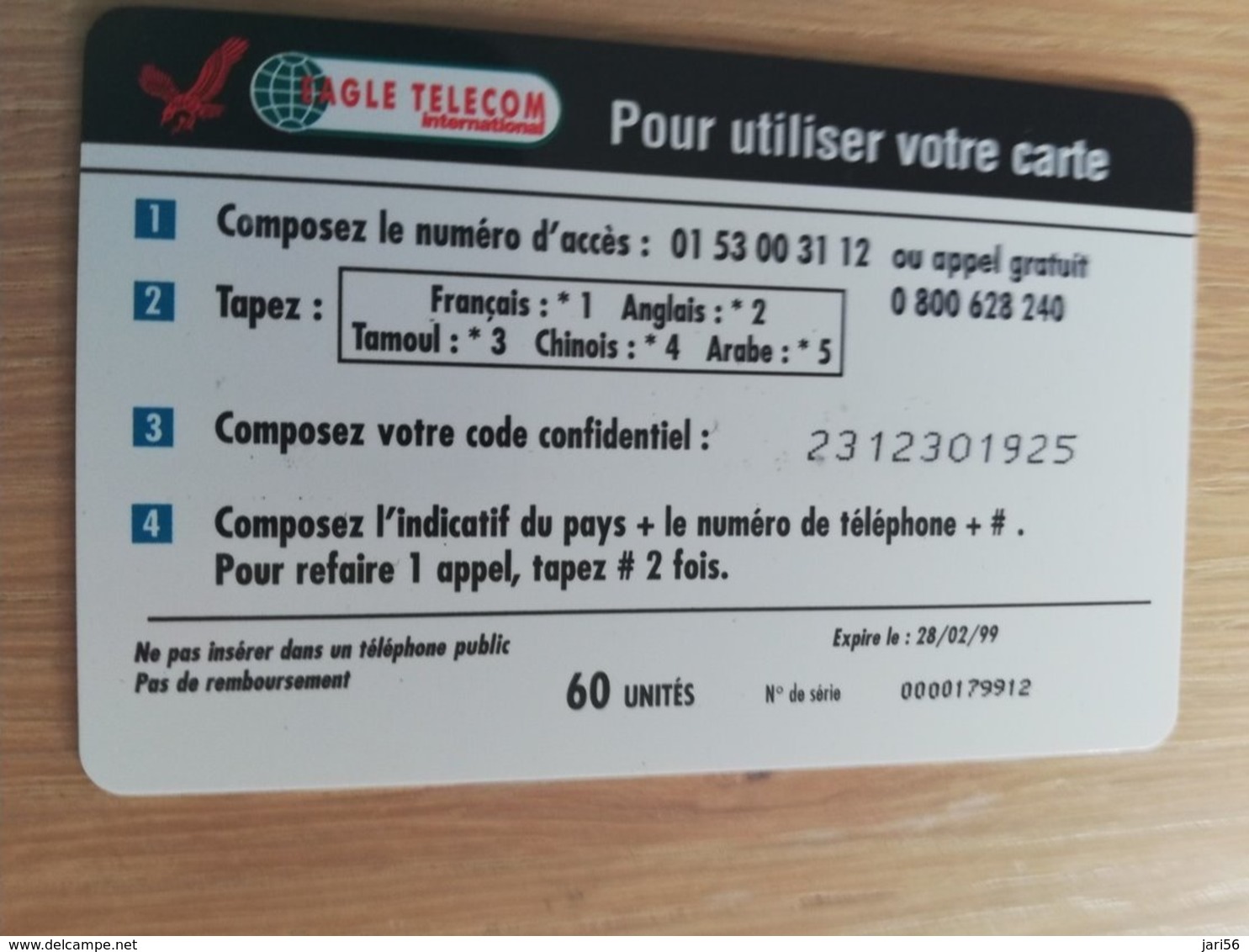 FRANCE/FRANKRIJK  EAGLE TELECOM 50FF  PREPAID  USED    ** 1499** - Per Cellulari (telefonini/schede SIM)
