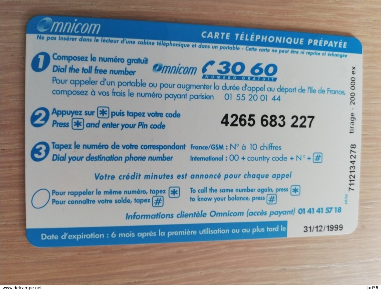 FRANCE/FRANKRIJK  OMNICARTE TELEPHONE MOINS CHER 60 UNITS PREPAID  USED    ** 1510** - Prepaid: Mobicartes